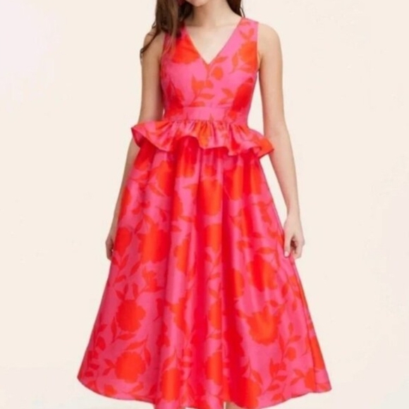 kate spade Coral Pink Floral Peplum Midi Dress Size 6 - Picture 4 of 7